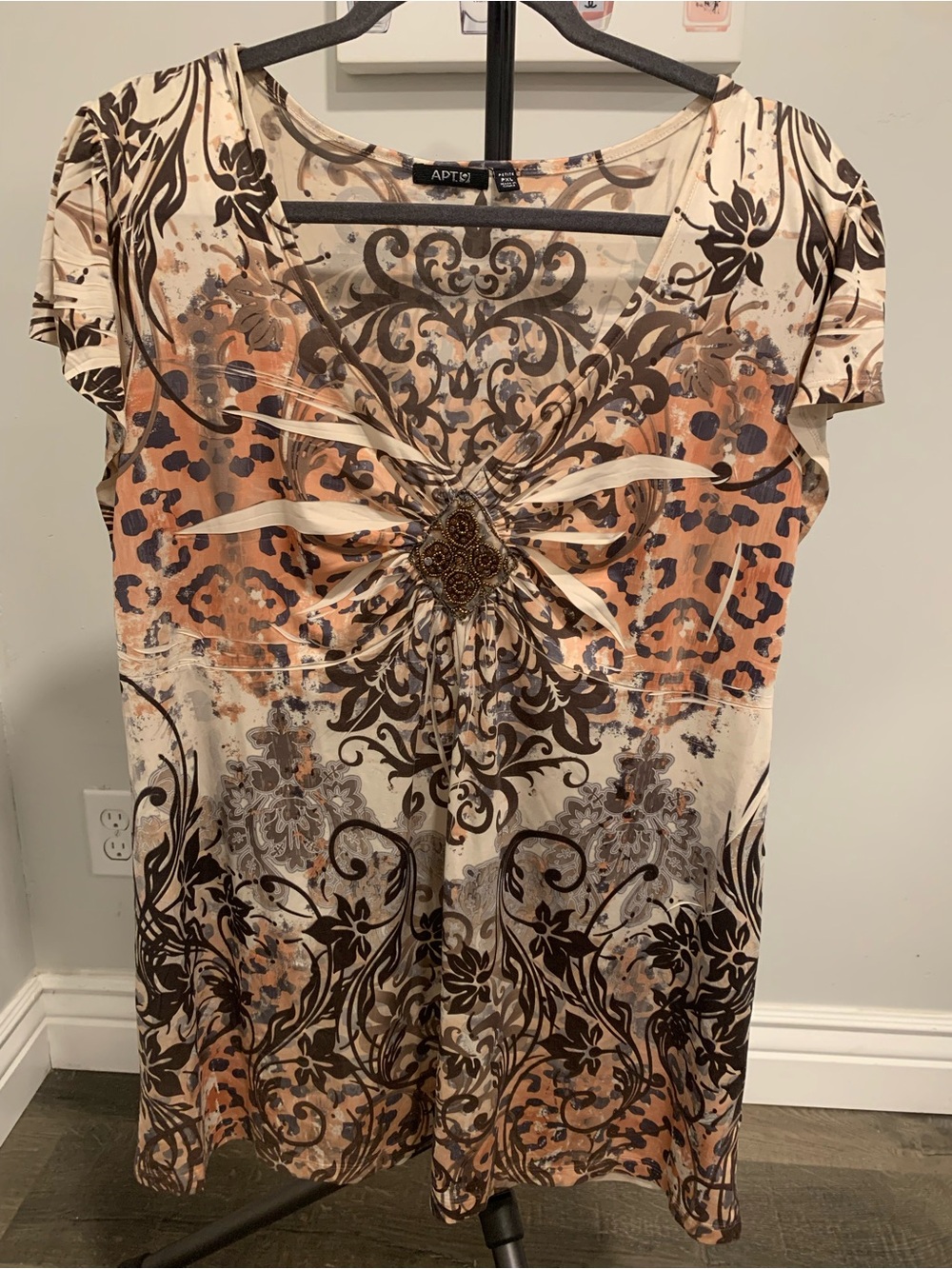 Apt. 9 Cream and Brown Floral & Leopard Print Twist-Front Top- GB053